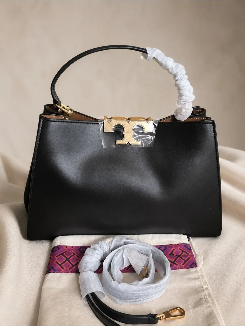 Tory Burch Eleanor Satchel Black Leather Gold Logo Shoulder Bag NWT $795